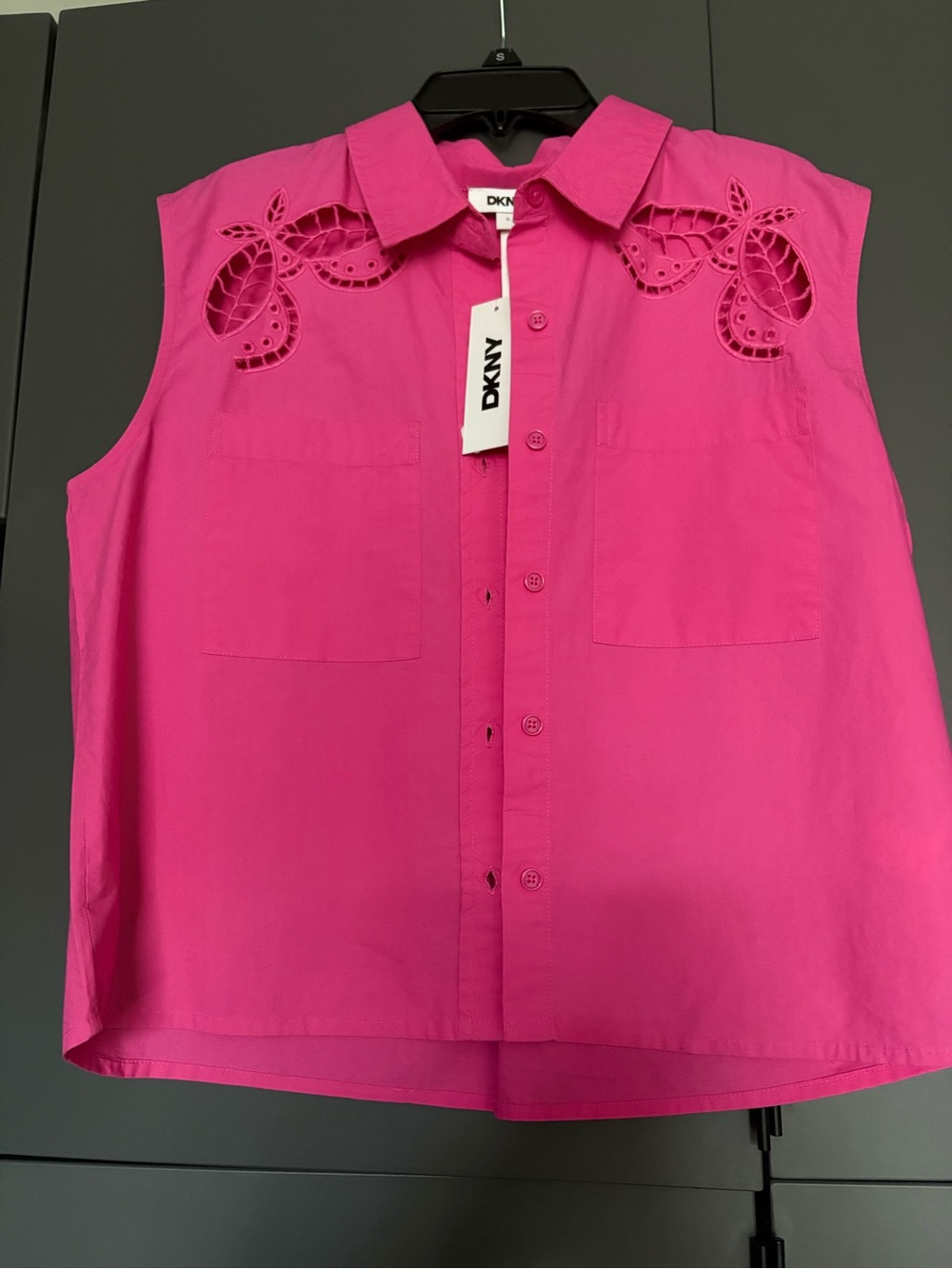 DKNY Sleeveless Button-Front Top in Hot Pink with Eyelet Yoke
